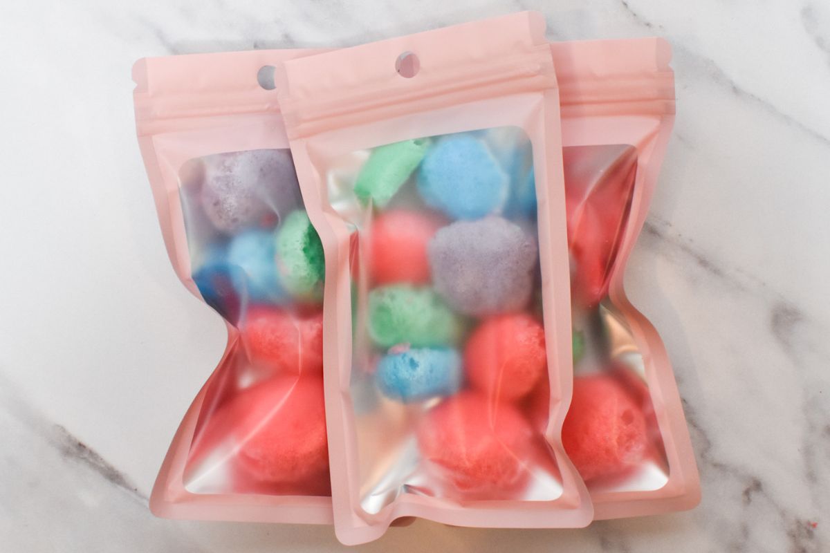 Three mylar bags with freeze dried Airheads in them.