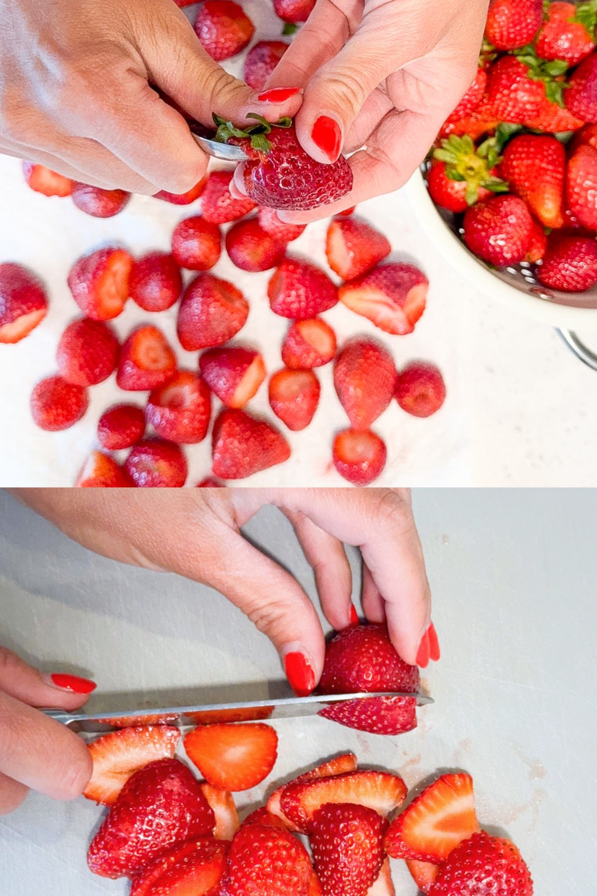 A picture showing how to take the stem off the strawberry and a picture of strawberries being sliced into pieces.