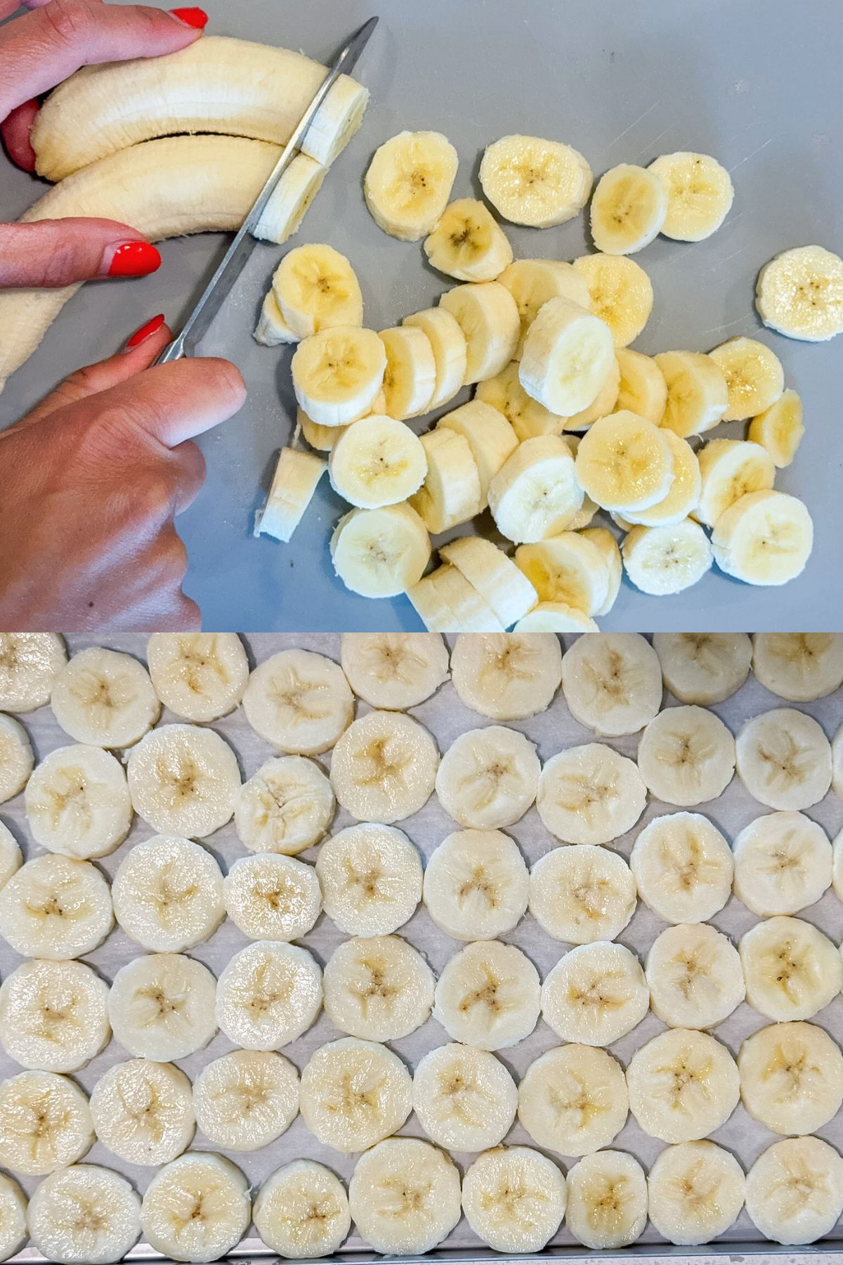 A picture of someone's hands slicing bananas and a picture of the bananas lined on a parchment covered freeze drying tray.